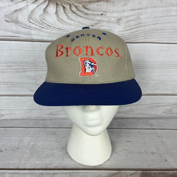 Vintage Drew Pearson Denver Broncos Snapback Hat Khaki Tan Blue Logo DAMAGED - Picture 1 of 8